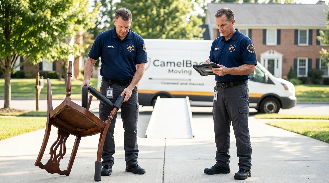Movers inspecting furniture for damage prevention before loading in Mason City, IL