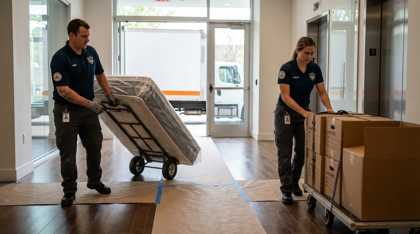 Professional apartment movers loading elevator in Mason City, IL