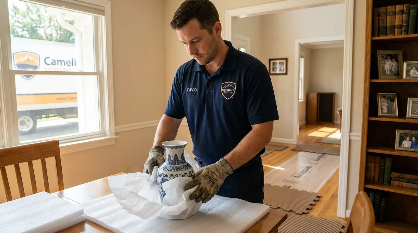 Professional crew carefully wrapping antique vase for senior downsizing move in Mason City, IL
