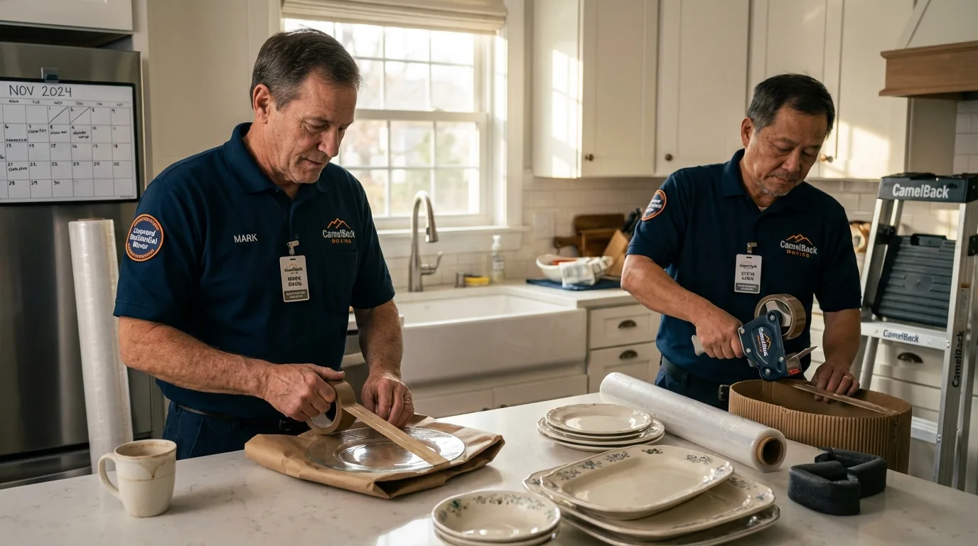 Professional crew packing kitchen dishware in Mason City, IL